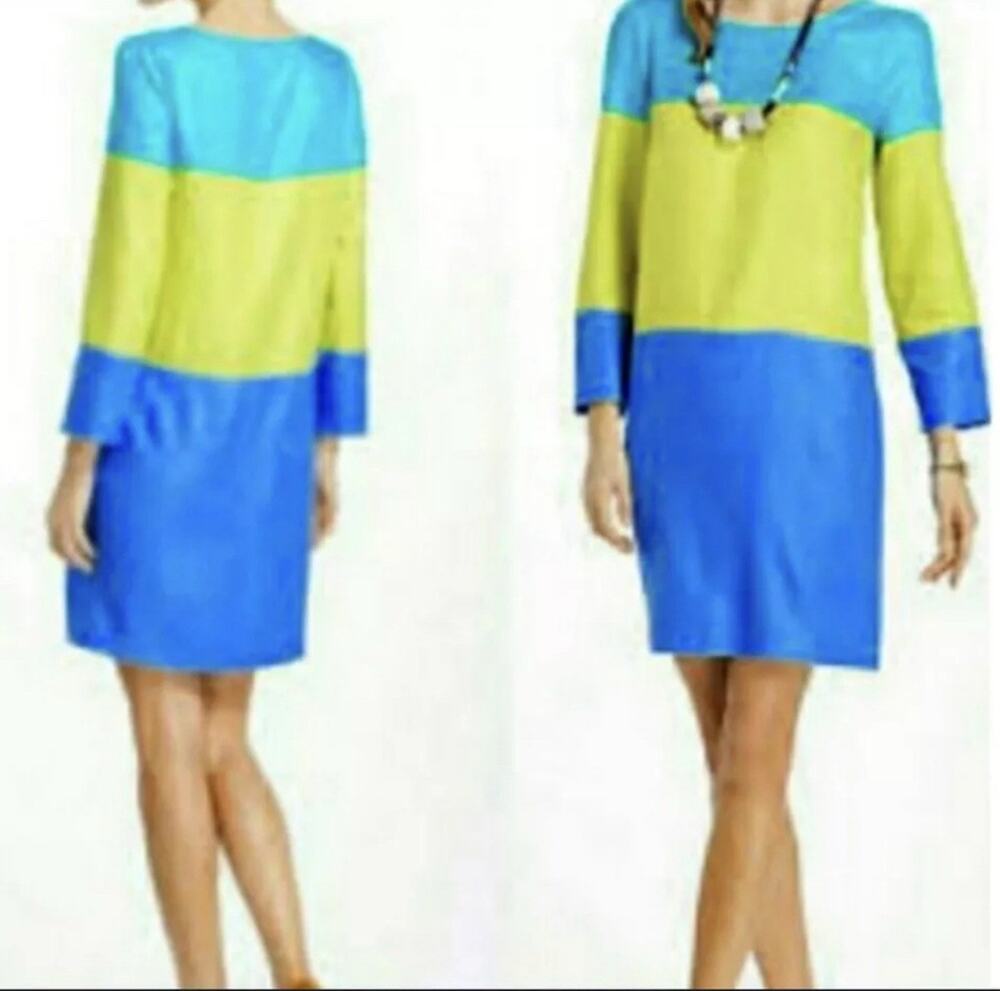 Anthropologie Maeve Blue Green Colorblock Shirt Dress Womens 10 Bright Eclectic
